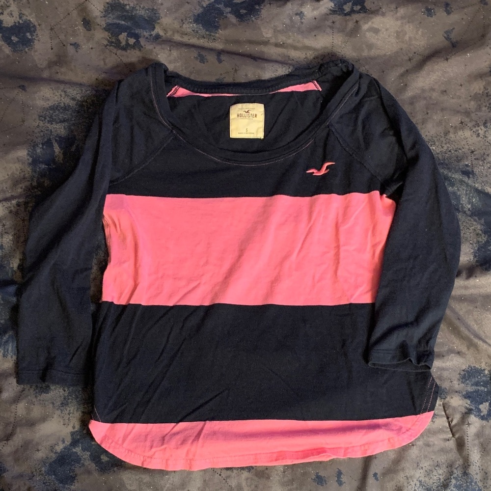 Hollister Kids Long Sleeve Navy and Pink Tee
